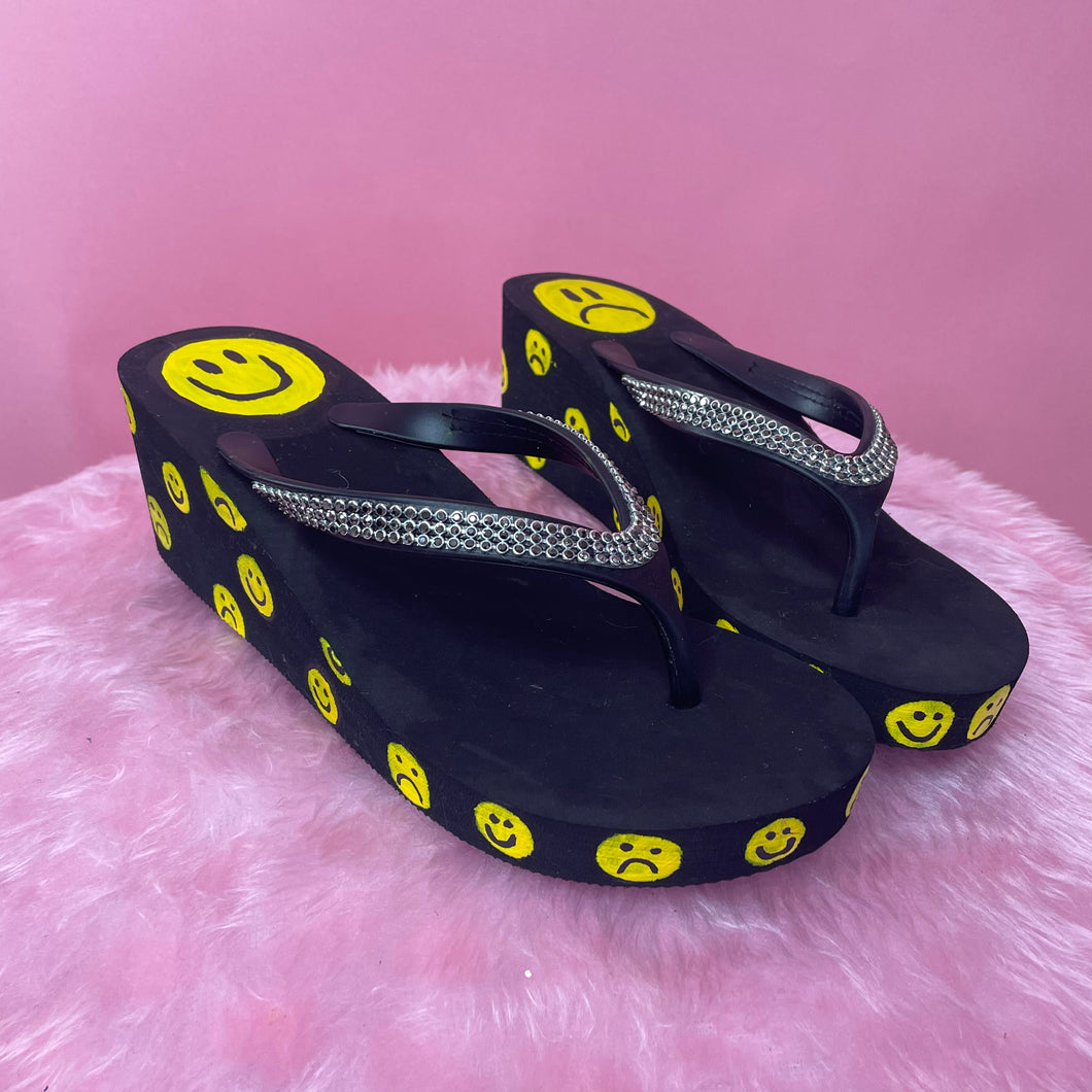 Reworked smiley head Diamanté toe Platform Flipflops