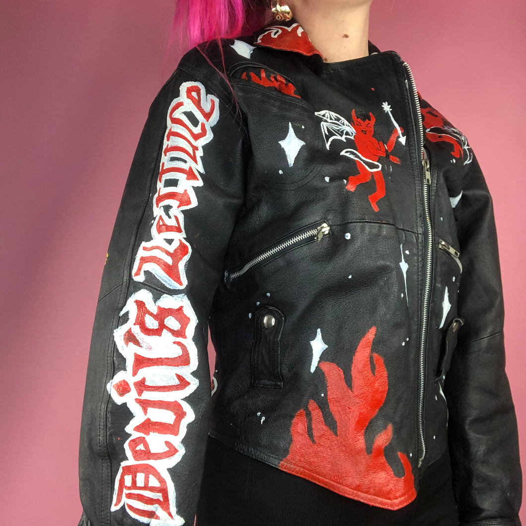 Reworked Black Leather Vintage Bicker Jacket Devil Girl